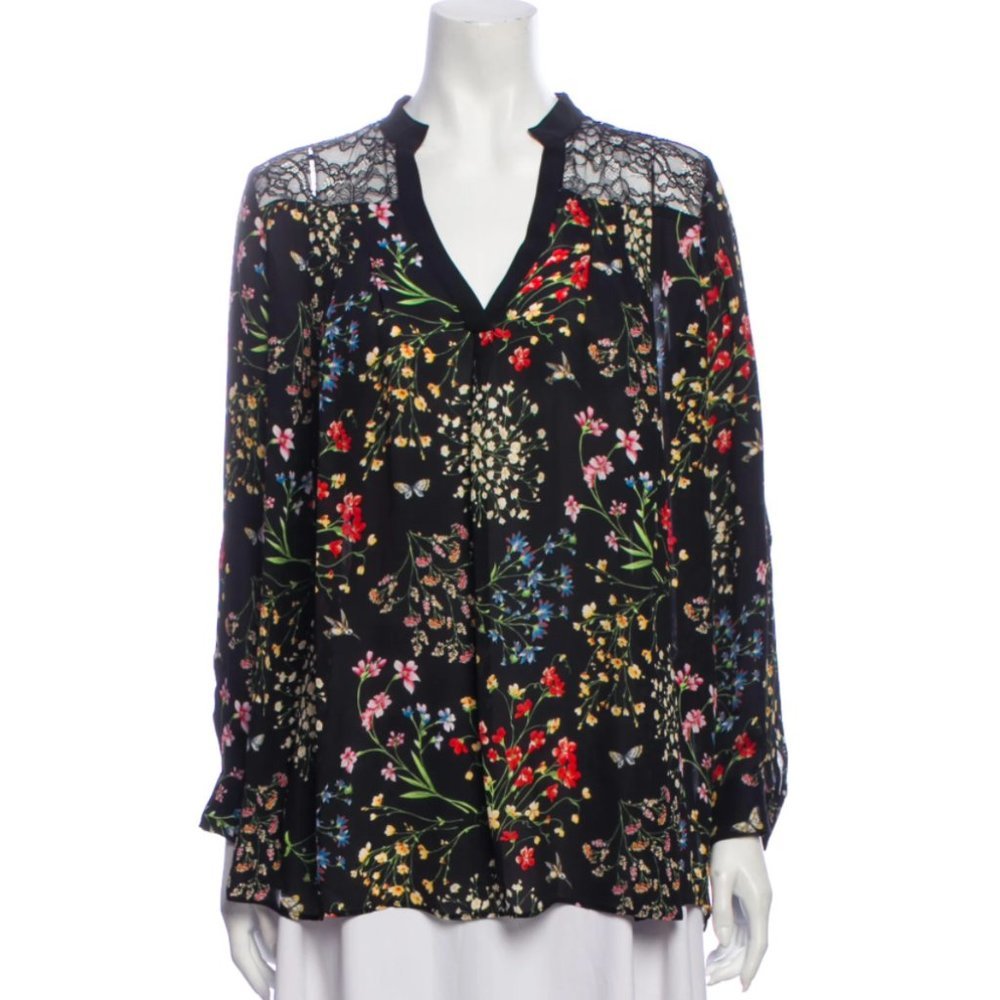 Alice + Olivia Floral Silk Blouse w/ Lace Details